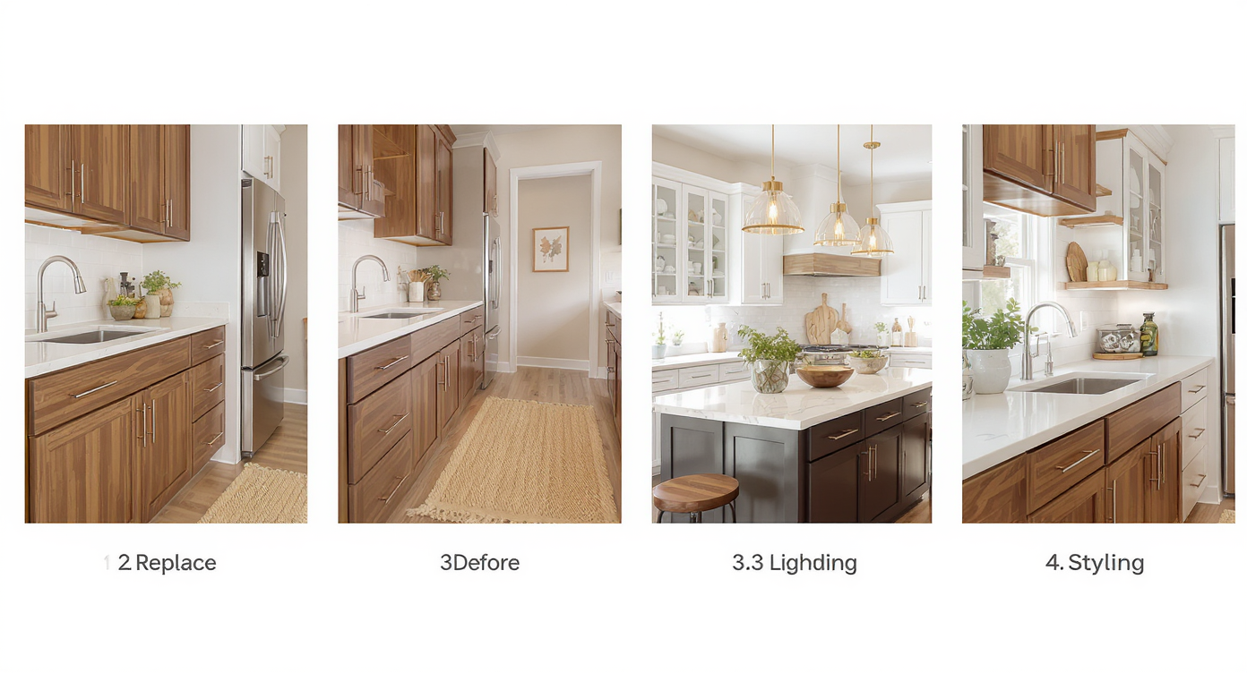 Four-step kitchen refresh: new hardware, woven rug, pendant lighting, and styled herbs on countertops in wood and white cabinetry space.