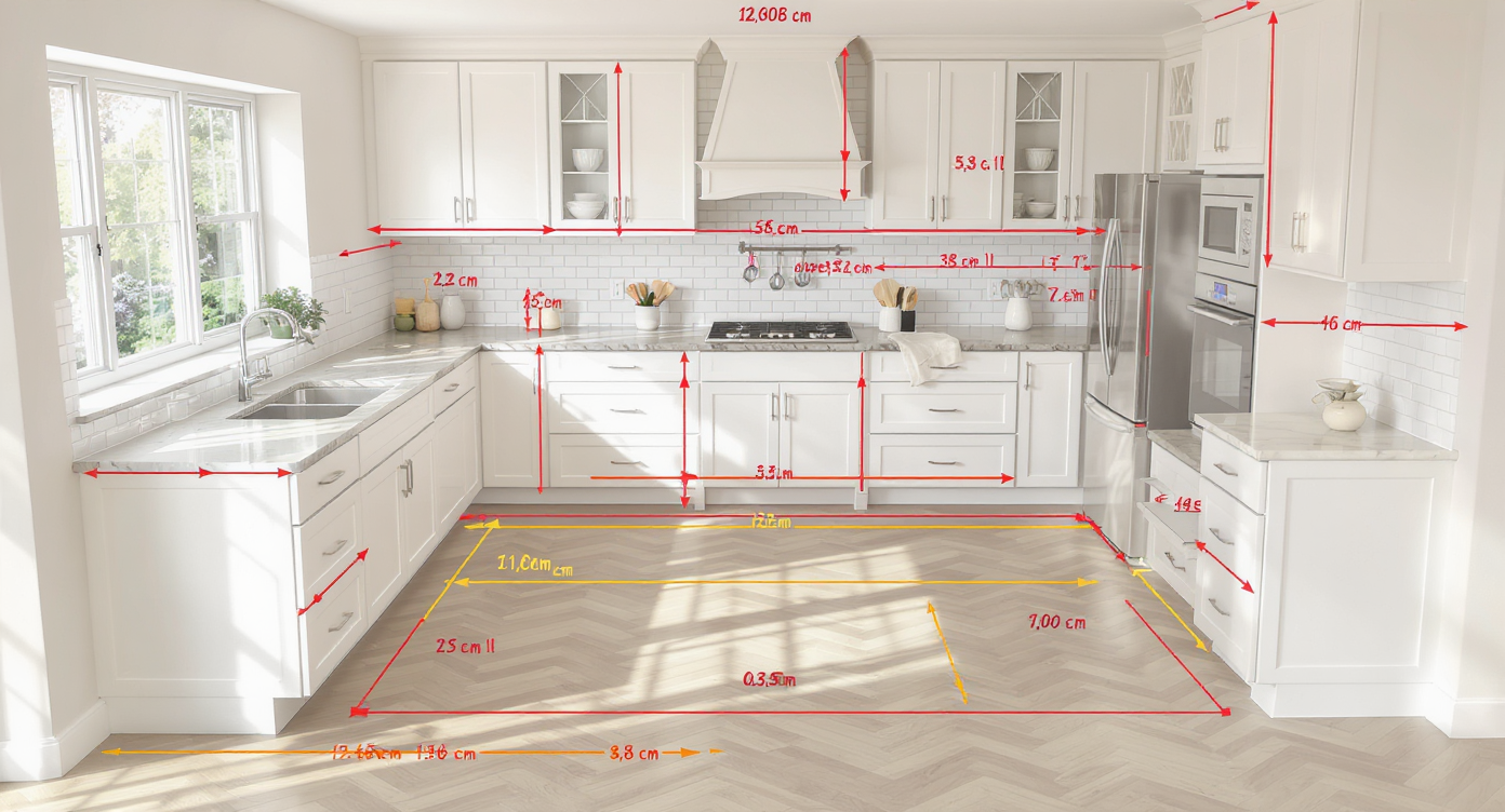 Spacious kitchen showing cabinet placement and clearance lines with neutral wood finishes, daylight emphasizing layout and ergonomics.