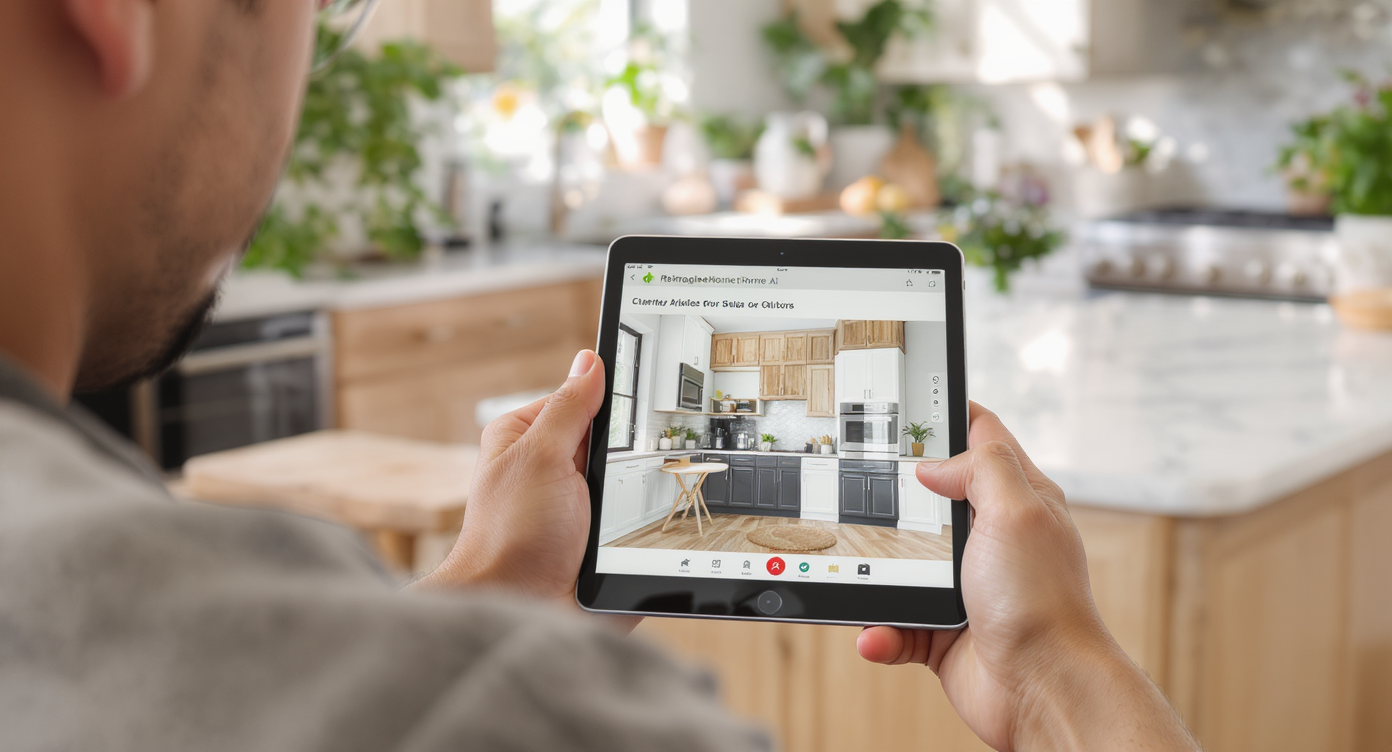 Homeowner in bright kitchen using tablet to digitally explore wood and white cabinet colors and styles with realistic previews.