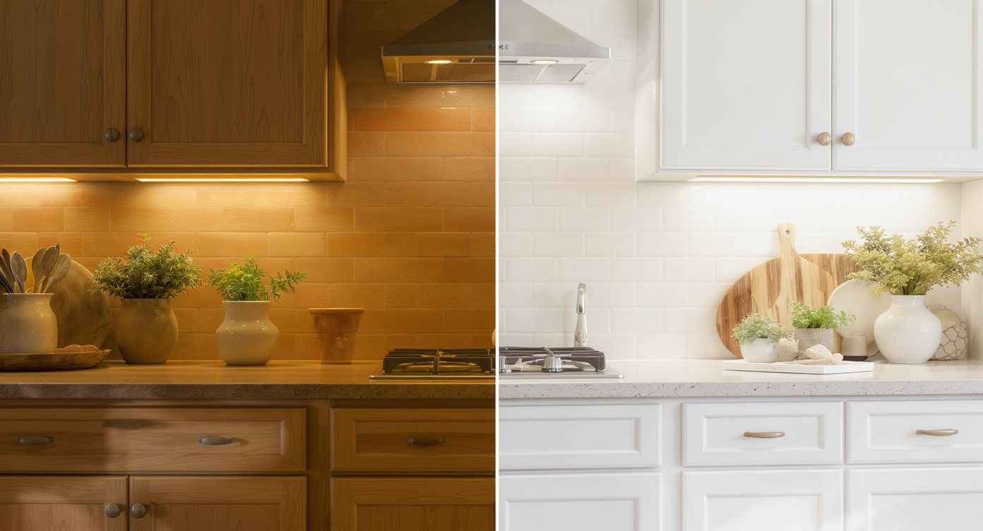 Kitchen interior showing warm wood cabinets lit with amber light transitioning to white cabinets under daylight, highlighting material and lighting differences.