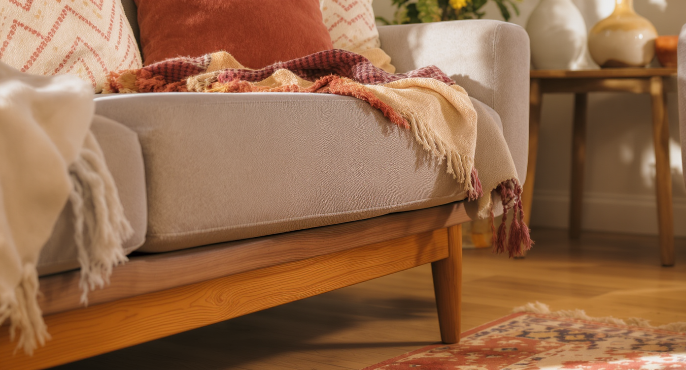 Cozy seating area with mid-century sofa and armchair, layered boho throws, and warm natural lighting creating comfortable style balance.