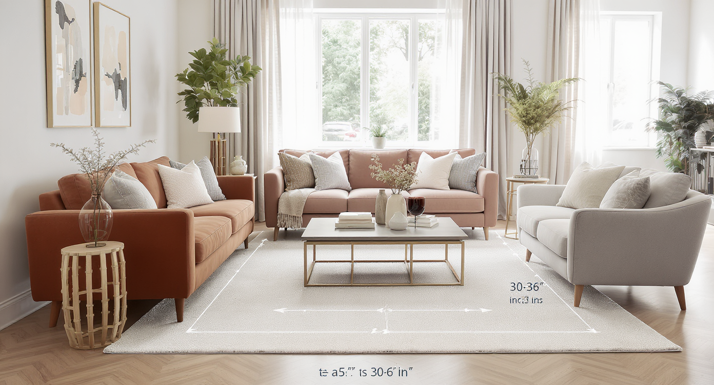 Bright mid-century styled living room with sofa and armchairs spaced properly for clear walking paths and balanced layout.