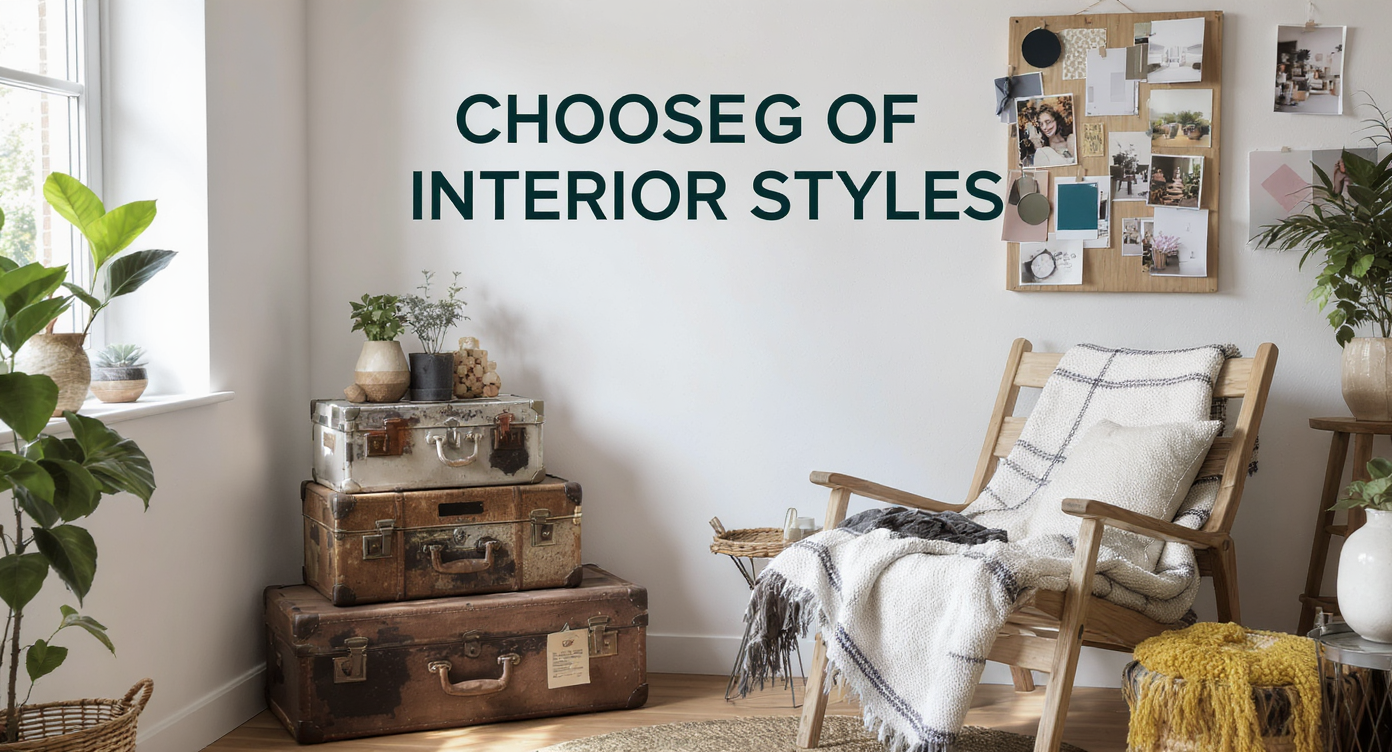 Cozy corner with vintage suitcases, rustic wooden chair with throw, and mood board showing color swatches and style photos.