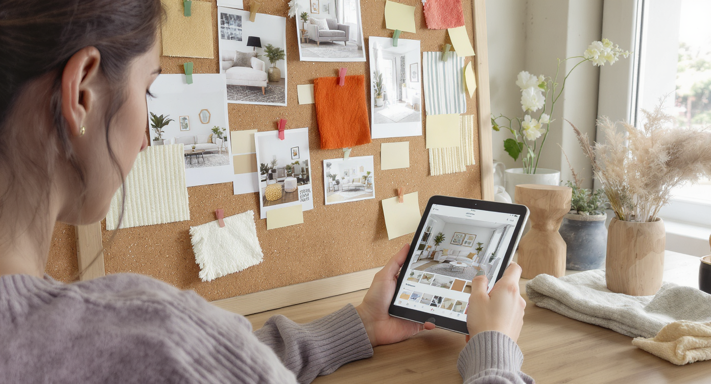 Bright workspace with Pinterest-style mood board, fabric swatches, and person using tablet showing design preview for personalized room.