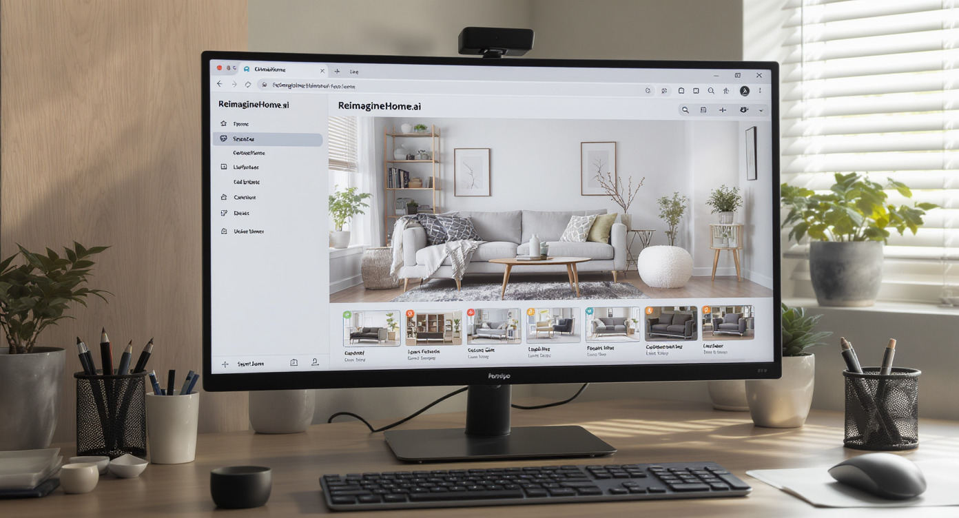 Computer monitor displaying ReimagineHome.ai tool replacing sofa and table in a virtual room with natural lighting on desk.