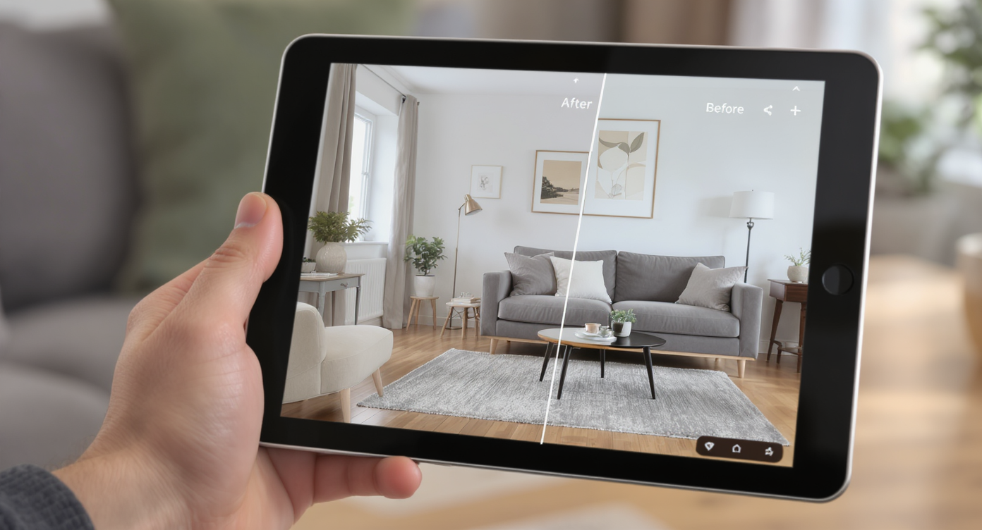 Hand holding tablet showing side-by-side before and after images of a living room with swapped furniture under natural light.