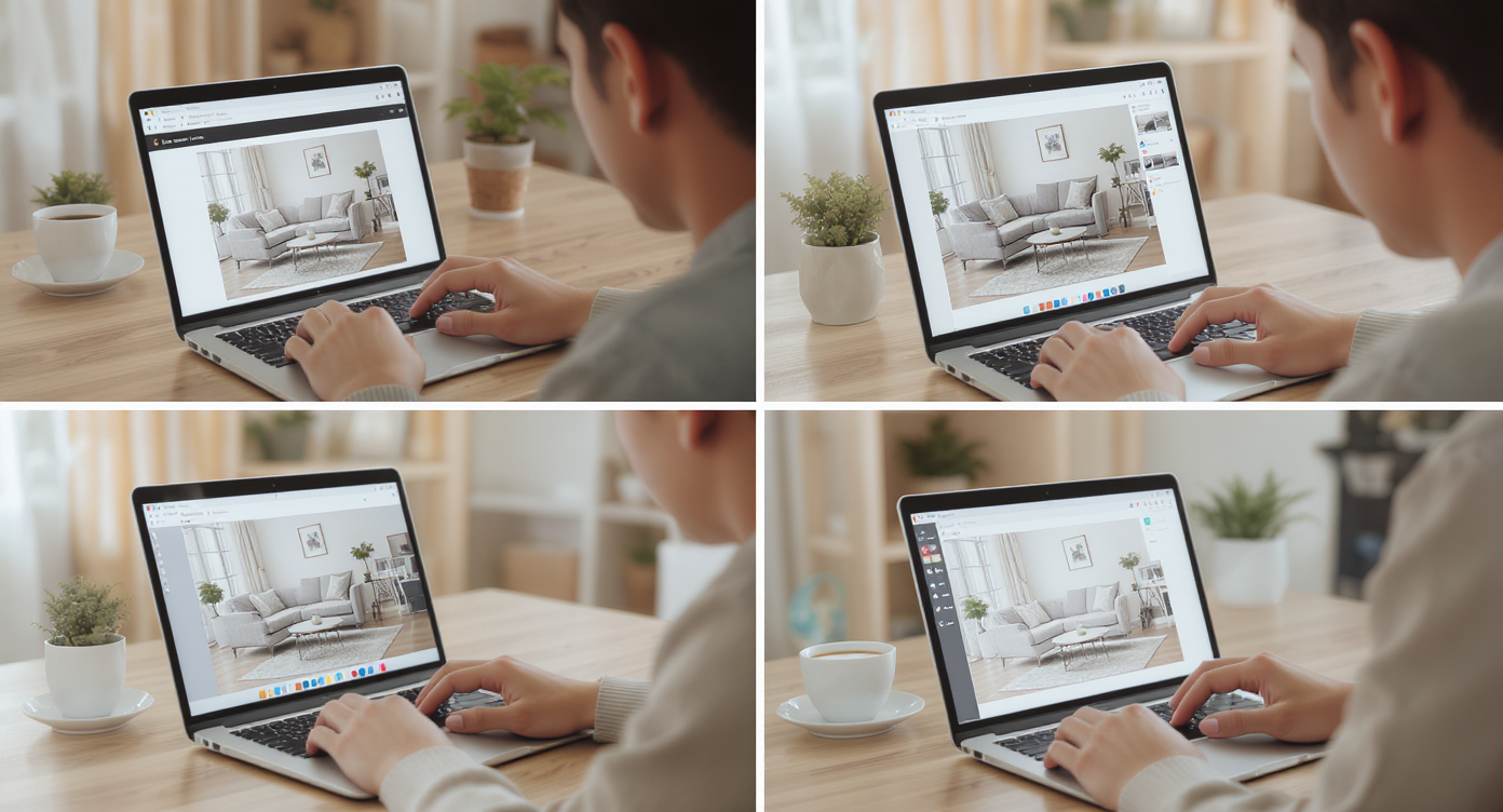 Collage of a user performing step-by-step digital furniture swaps on a laptop showing a living room photo.