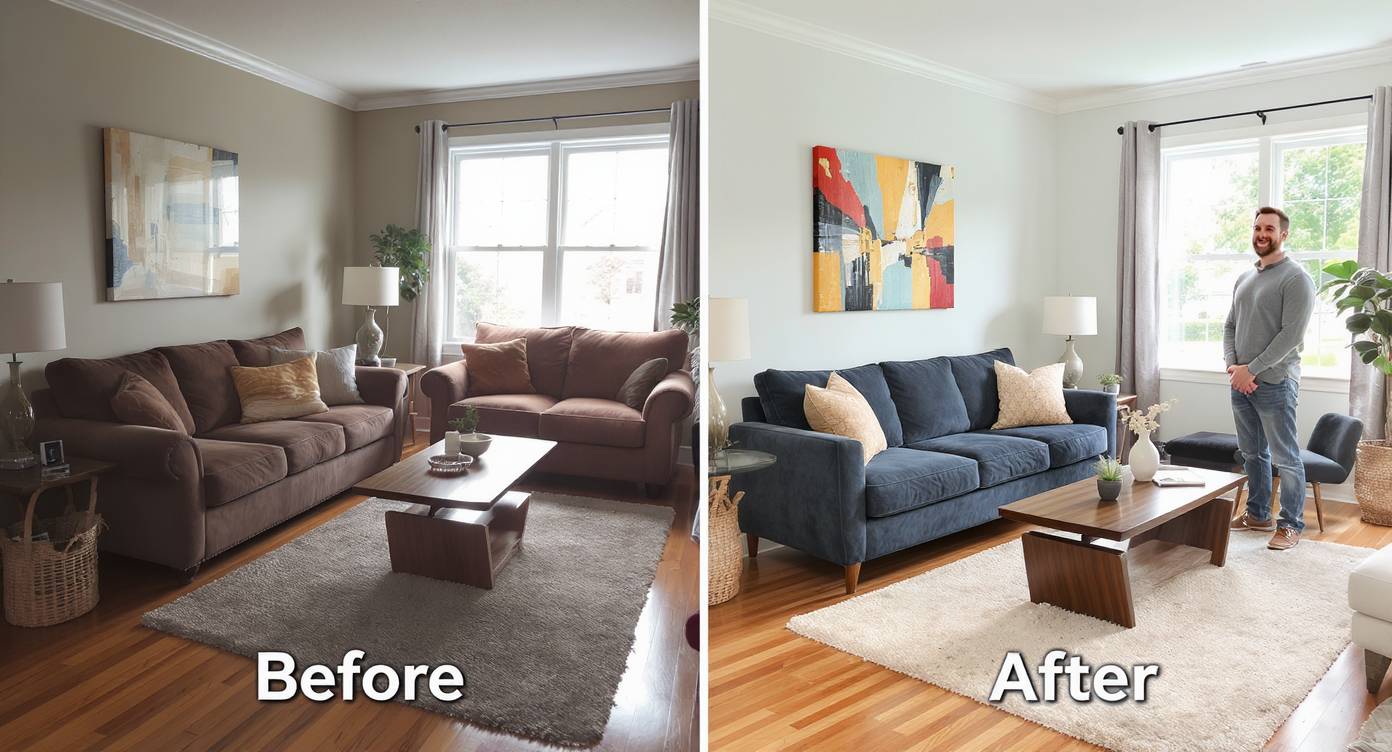 Before and after living room photos showing modern furniture swap and homeowner admiring the refreshed space under daylight.