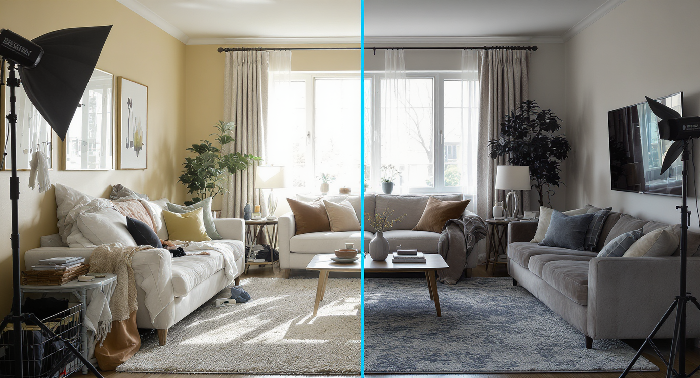 Split image showing a cluttered outdated room versus a modern styled bright room, emphasizing the importance for listings.