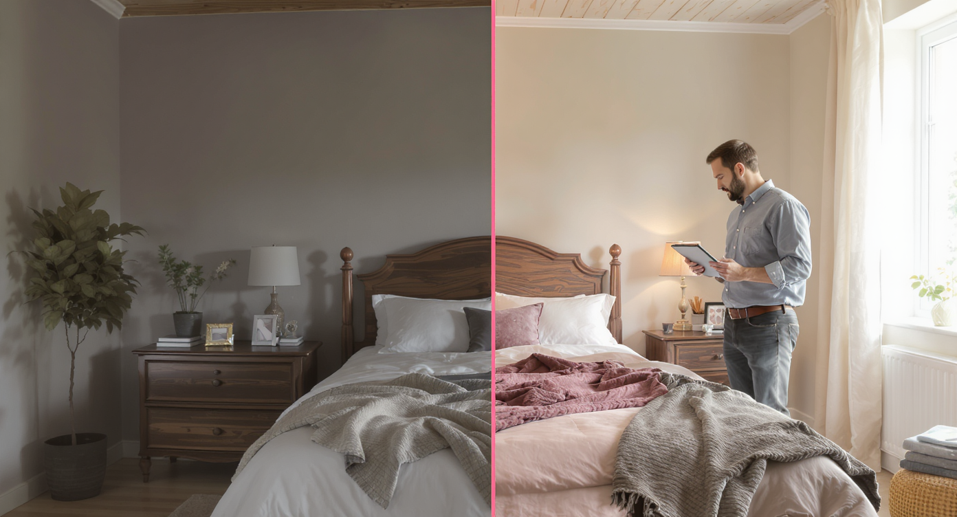 Designer holding tablet with AI suggestions in bedroom with mismatched dark wood furniture against light wood ceiling and pale walls.