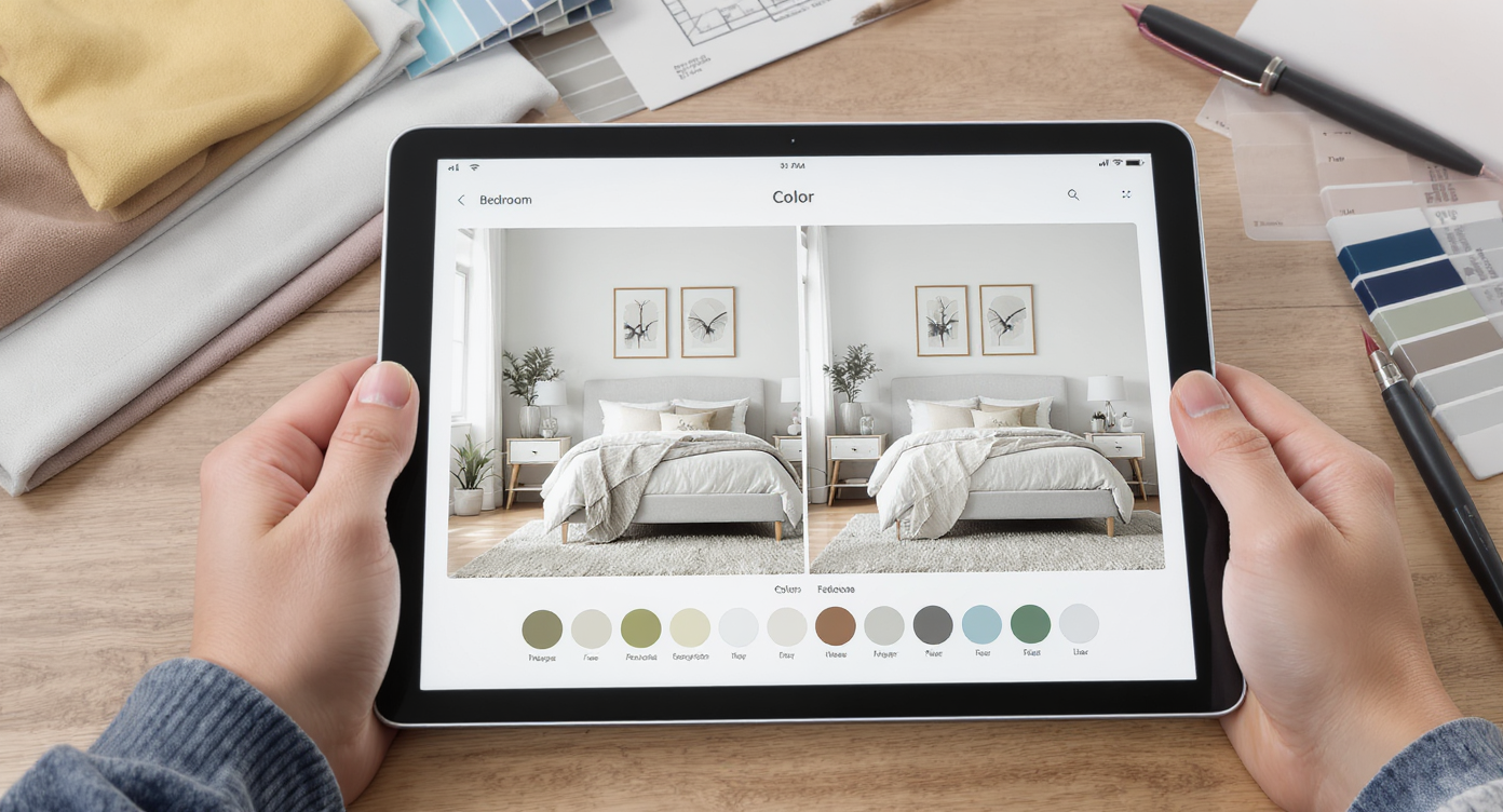 Tablet showing bedroom furniture color options with interior design tools around, symbolizing digital color experimentation.