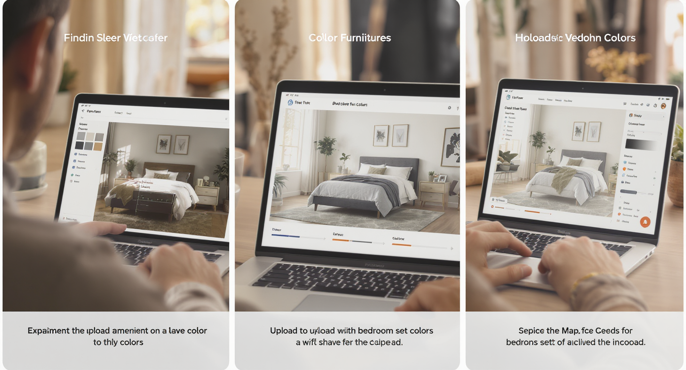 User at laptop uploading bedroom photo with AI interface showing color options and sliders for bedroom furniture.