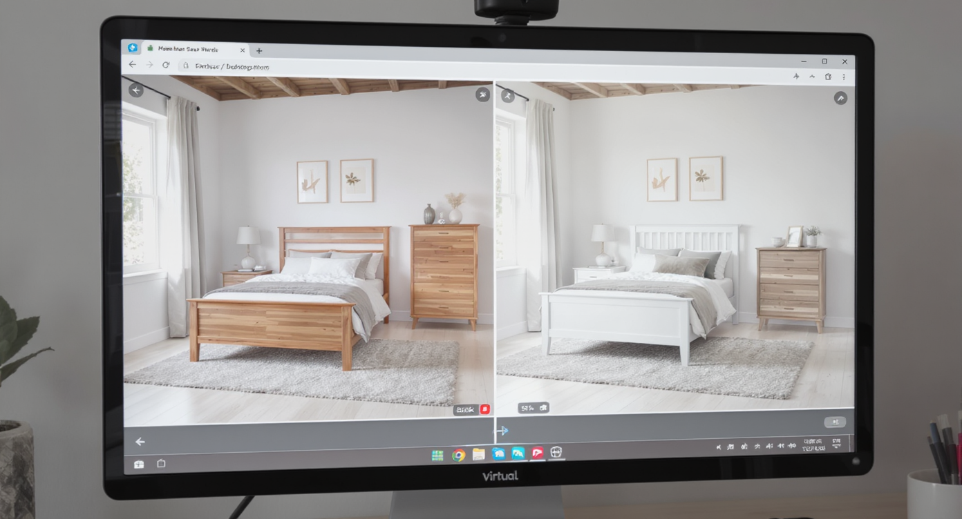 Computer screen showing virtual staging of bedroom with changing bedroom set colors from mid-tone wood to white finish.