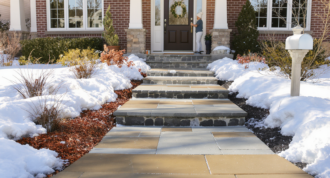 Clean, snow-free stone walkway at small front entry with minimal landscaping and visible access to doorway.