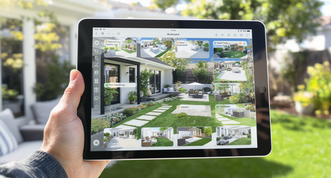 Homeowner holding tablet showing real backyard photo with AI design overlays offering various no-lawn landscaping options.