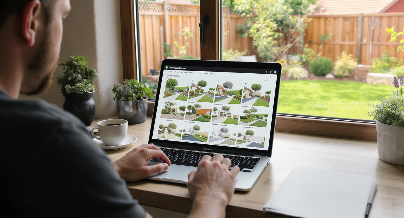 Homeowner at desk viewing multiple AI landscape design options on laptop with backyard visible outside window.