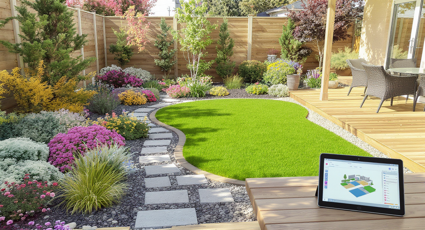 Backyard with native plants, permeable stone path, wooden deck with furniture, and tablet displaying landscape design tool.