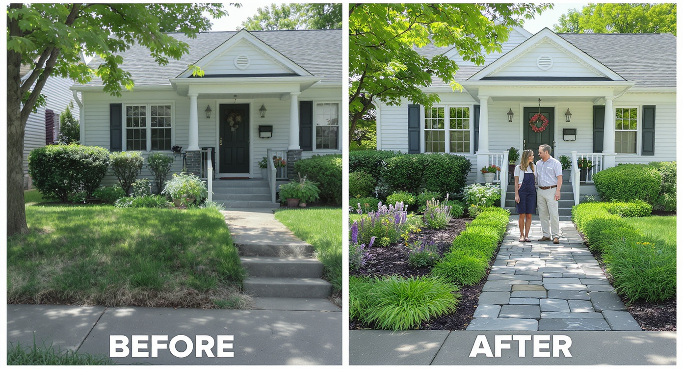 Side-by-side before and after images of a small front yard with stone stepping pavers, native plants, and homeowners enjoying the makeover.