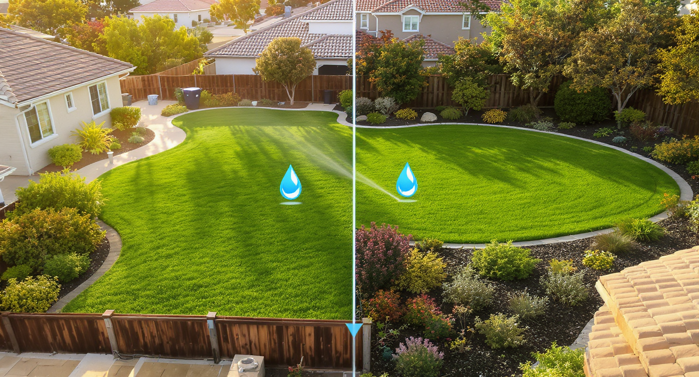 Aerial view contrasting thirsty grass lawns with water-conserving native plant gardens in a sunny neighborhood.