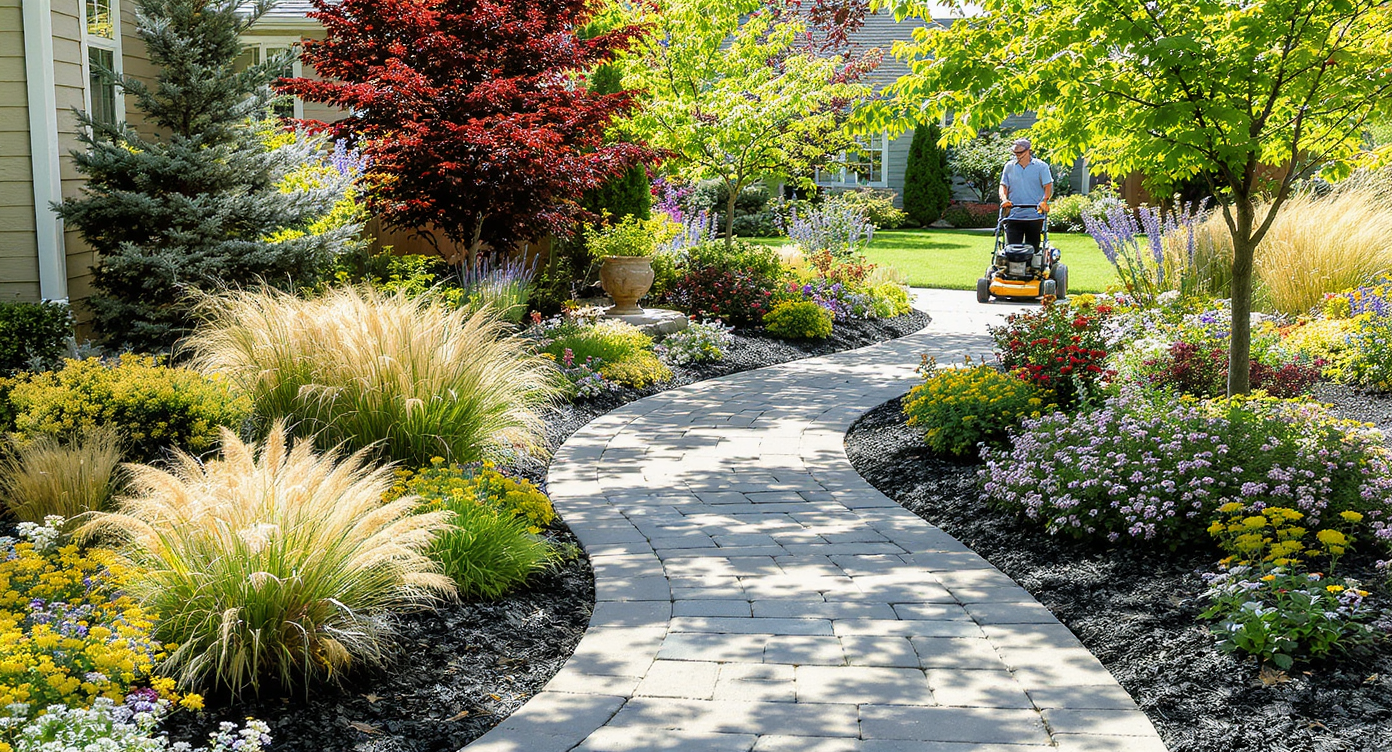 Garden with wide permeable paver path surrounded by native grasses, wildflowers, and a homeowner mowing a small lawn patch.