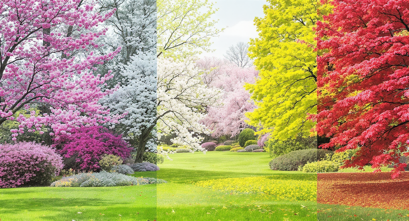 Garden landscape displaying seasonal plant changes visually representing a 12-month bloom and bark calendar.