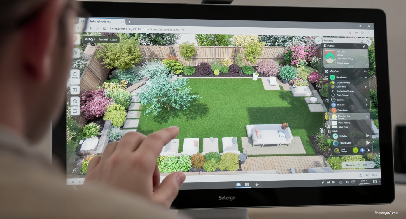 Designer using an AI landscape design tool to adjust plant layers and pathways in a backyard setup, viewed from behind.