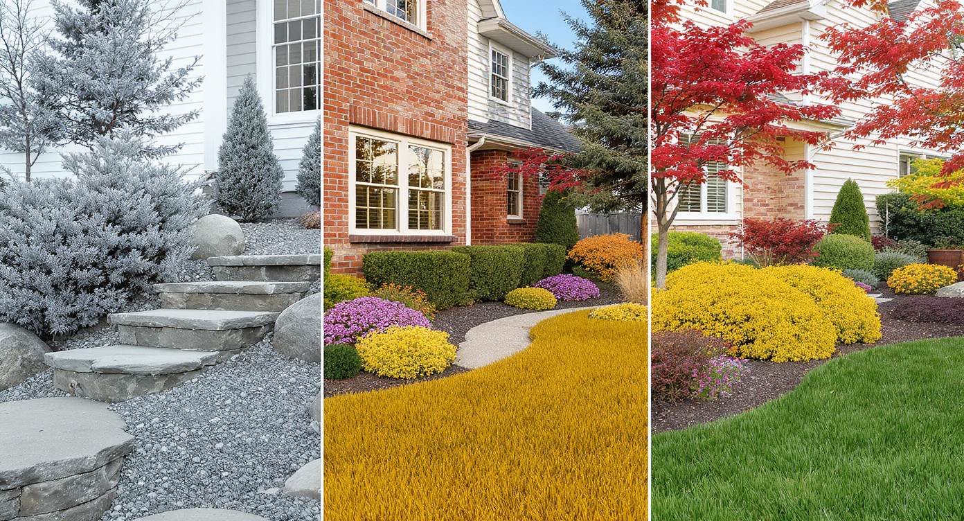 Three distinct real yards across various climates illustrating four-season landscaping with stone and evergreen plants.