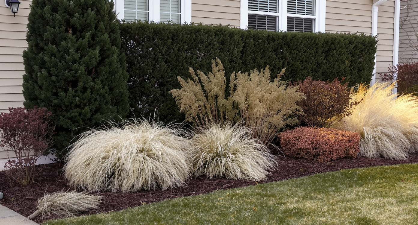 Residential yard with evergreen shrubs, standing seed heads on ornamental grasses, mid-growth privacy hedges, and warm outdoor lighting.