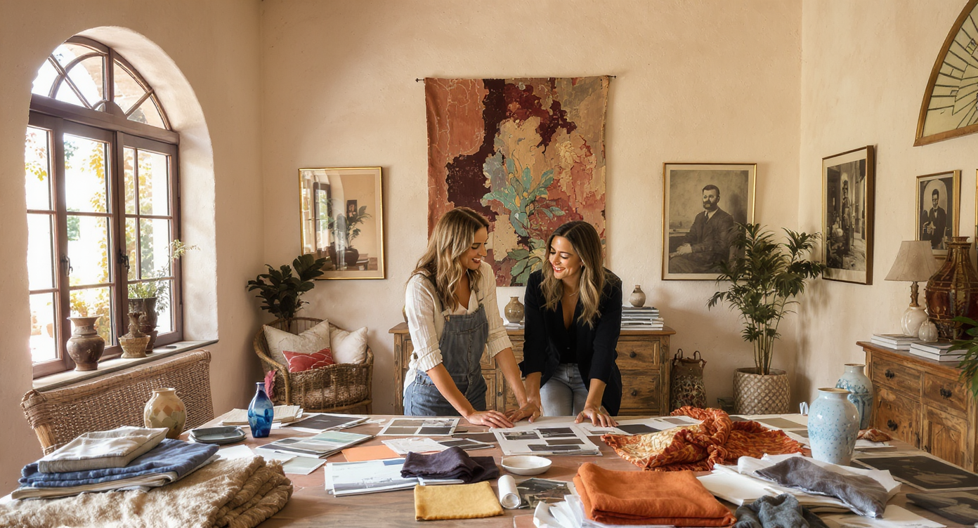 Abigail Spencer and Tammy Price collaborating in a rustic, sunlit room with arched windows and terracotta floor, surrounded by design materials.
