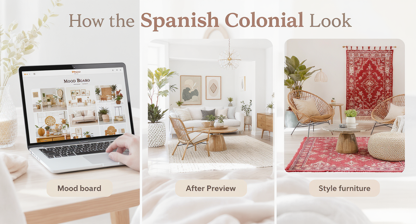 Interior showing a laptop with design app, before-and-after room photos, and styled Spanish Colonial decor pieces in bright daylight.