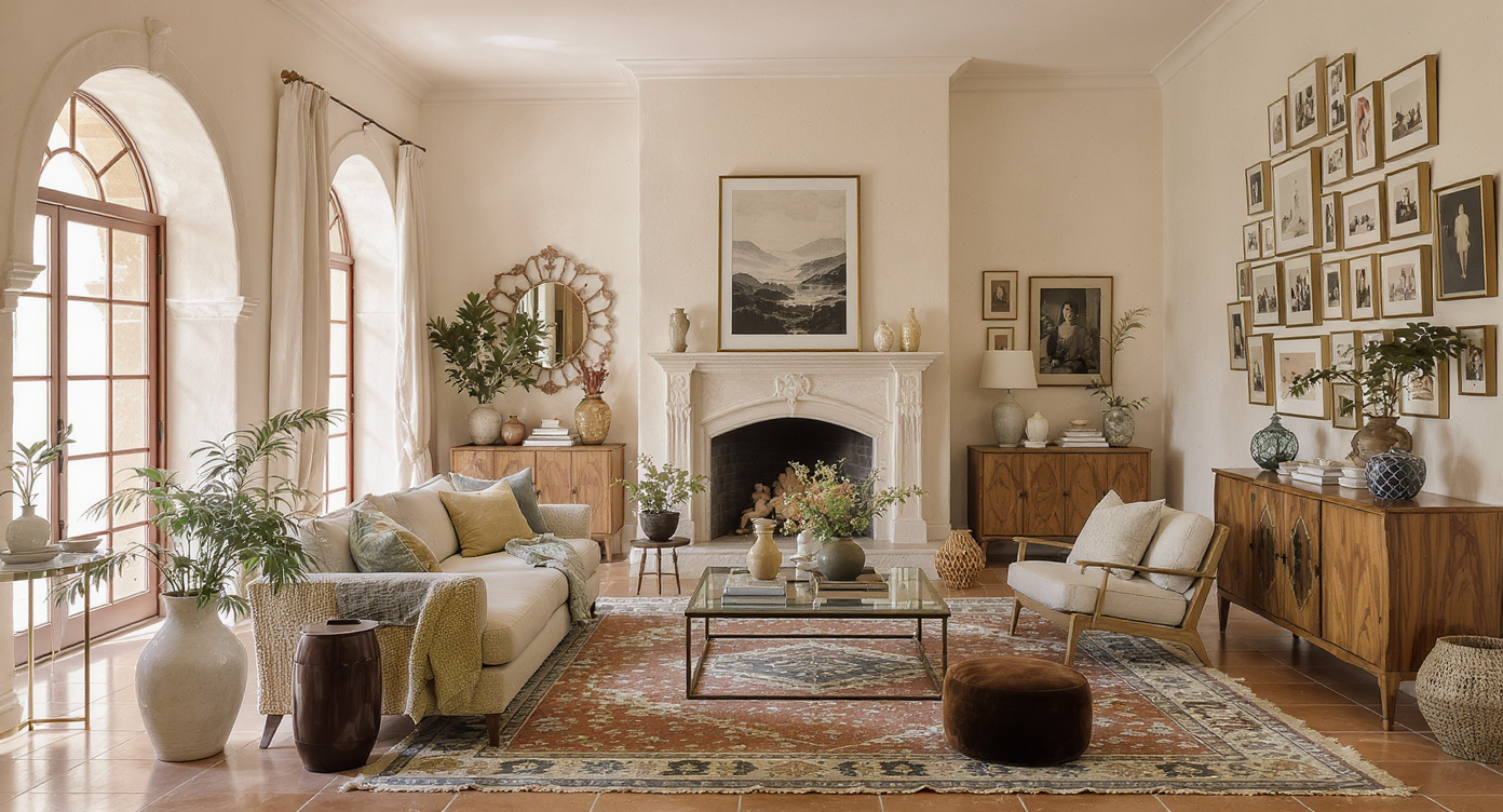 Living space showing terracotta floors, arched openings, personal artifacts, Moroccan rugs, and neutral textured decor with warm natural light.