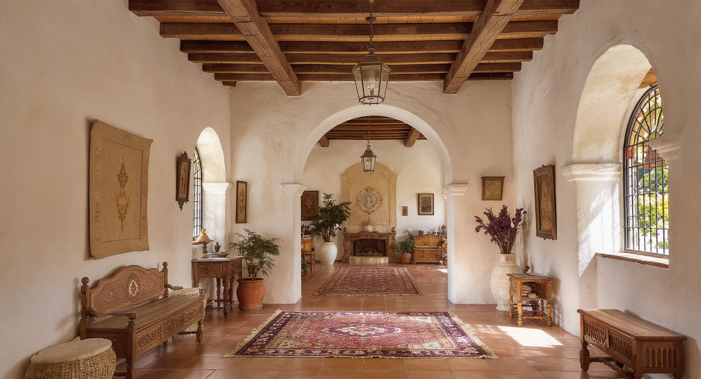 Interior with thick stucco walls, rounded arches, exposed beams, terracotta floors, wrought-iron windows, and textured traditional textiles.