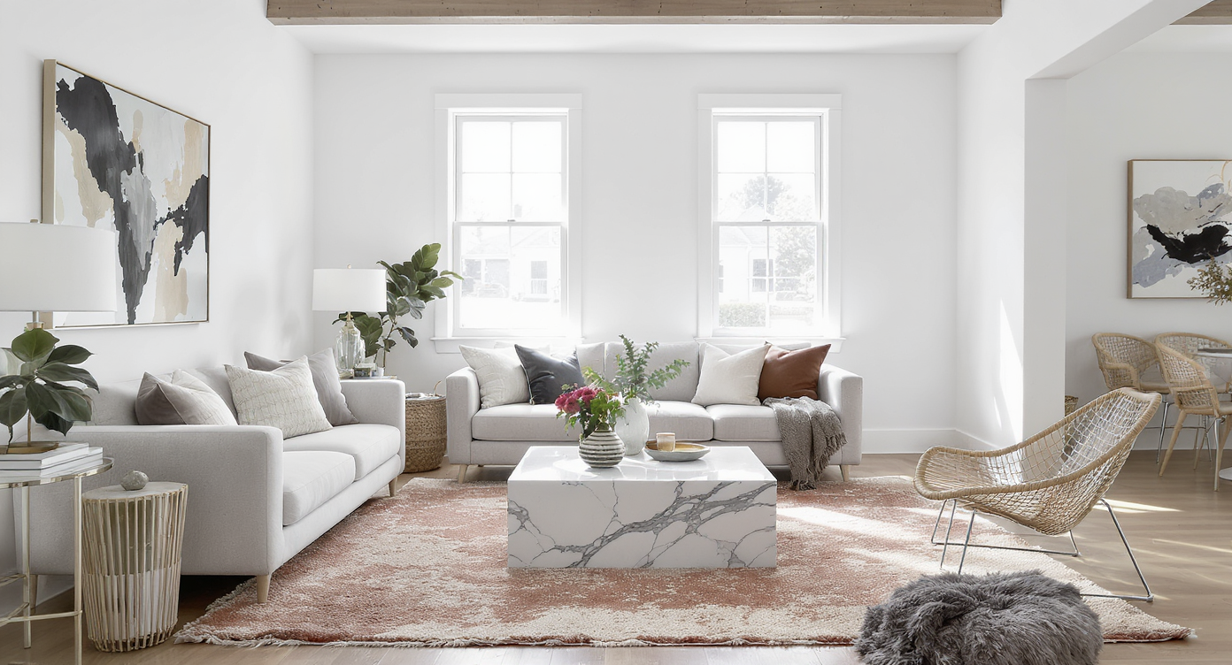 Living room with seating pulled from walls, large square marble coffee table, wide windows, and mixed textures.