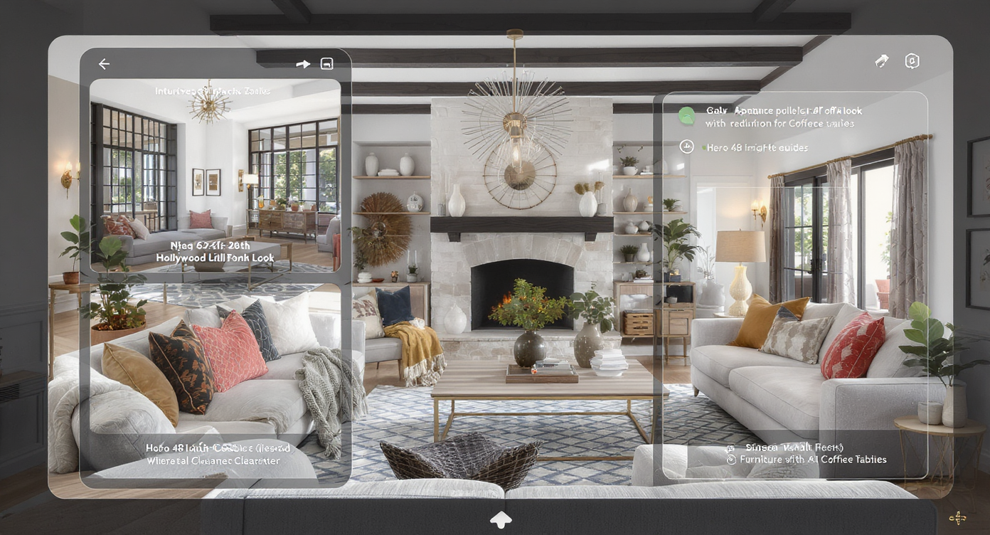 Digital interior layout interface showing steps to design midcentury modern living room with AI tools.