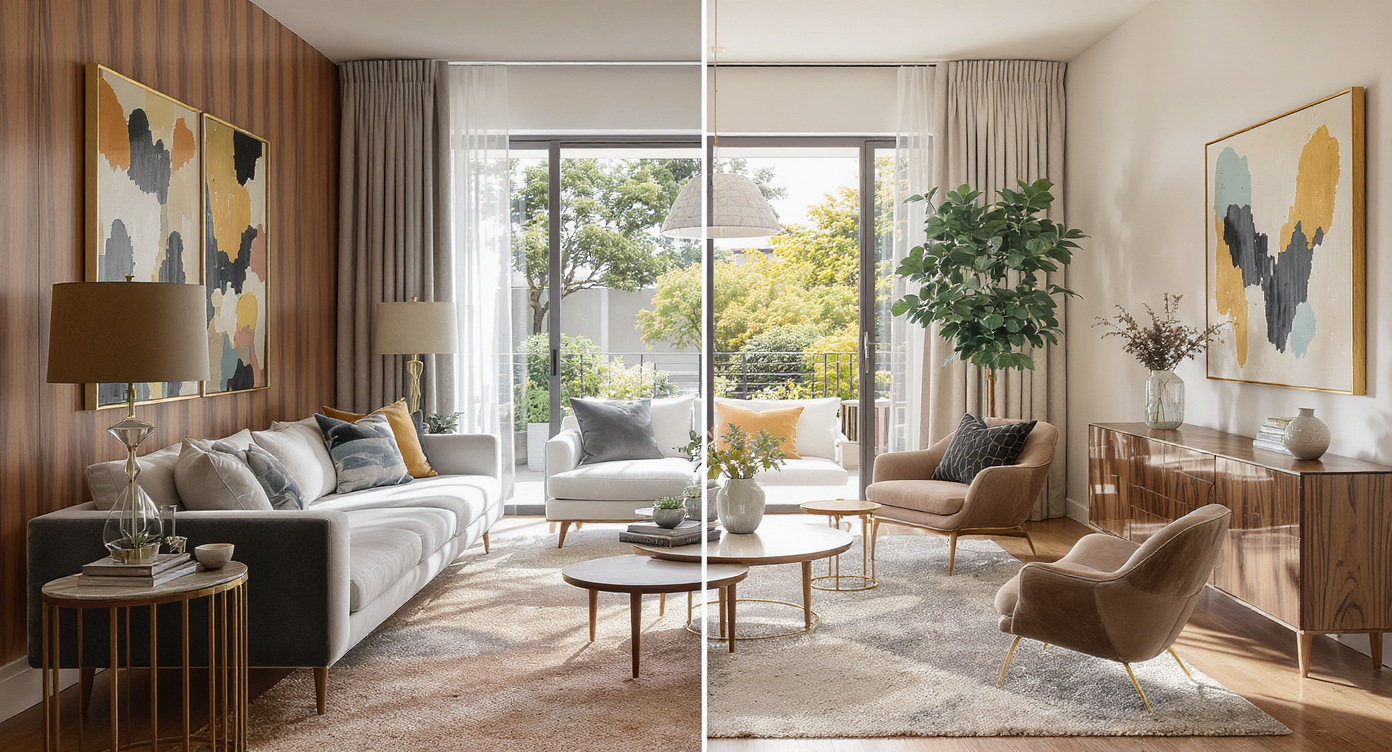 Midcentury living room displaying common design mistakes including wall-hugging sofa and heavy drapes.