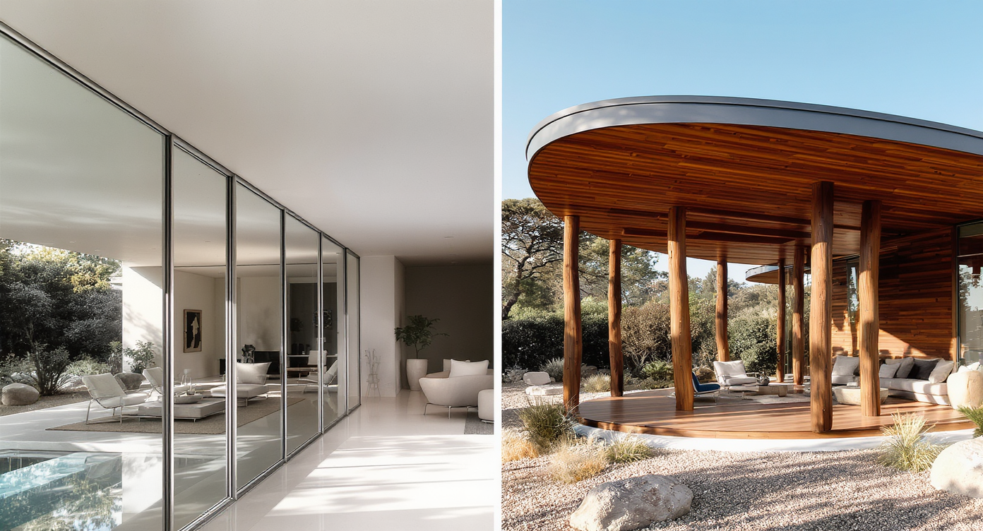 Split image of midcentury indoor-outdoor Neutra style and sculptural Lautner architecture with natural materials.