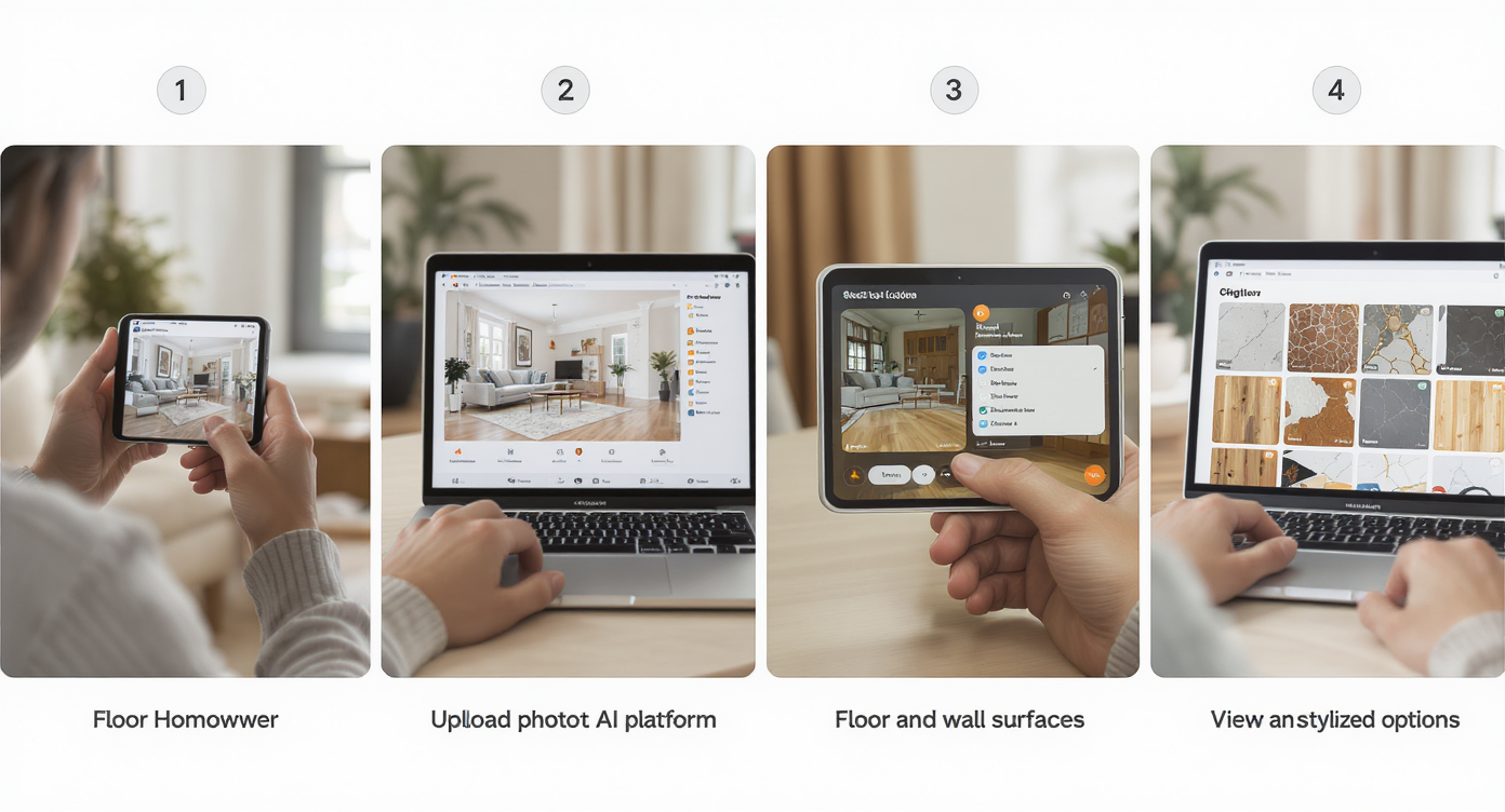Four-step photo series showing homeowner photographing room, uploading photo, selecting surfaces, and viewing AI restyled options on laptop.