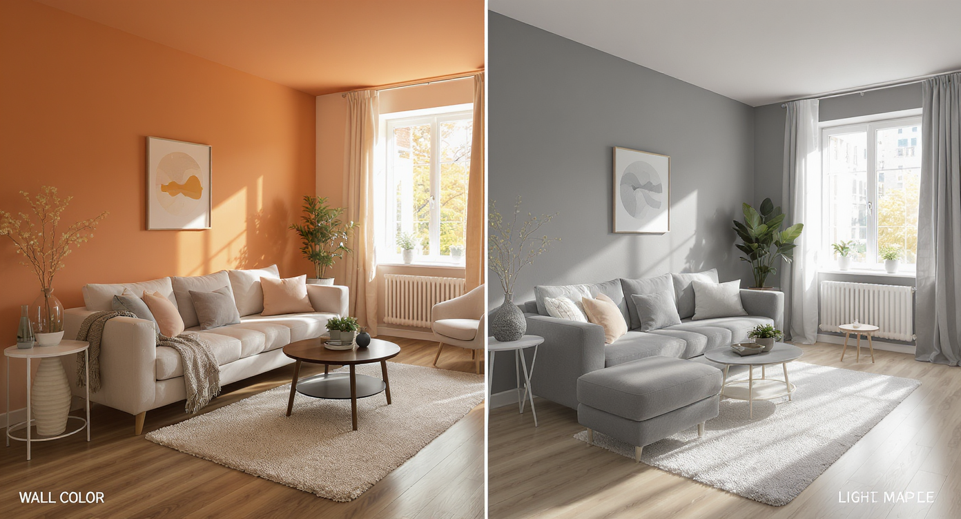 Living room with terracotta walls and dark oak flooring on left, gray walls and light maple floor on right, natural light enhancing mood contrast.