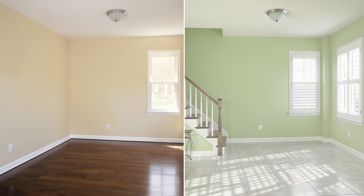Split photo of room showing warm beige wall and dark hardwood floor on one side, soft green wall and light tile floor on the other for digital comparison.