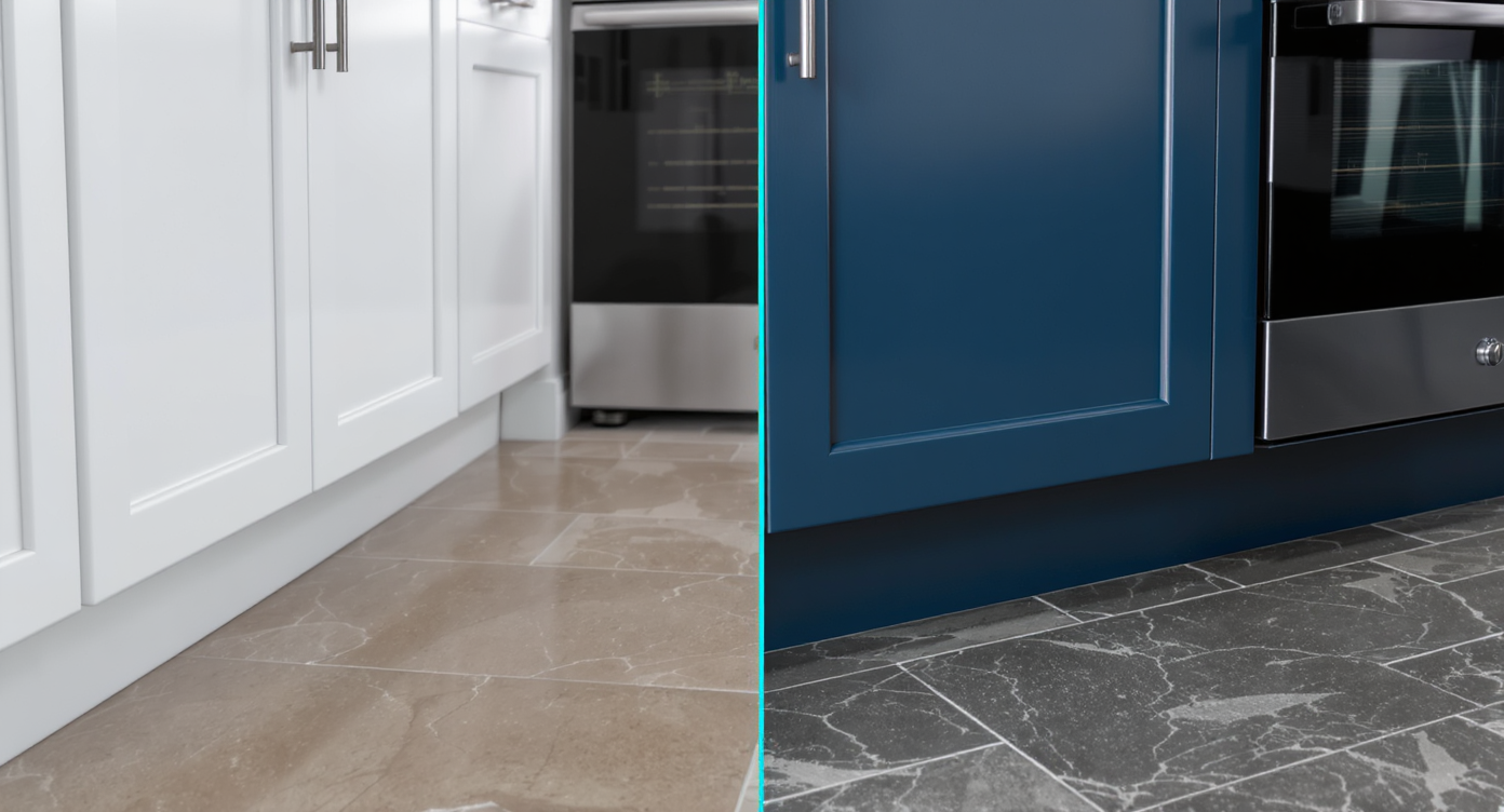 Kitchen with white cabinets and stone floor on left, deep blue cabinets and slate tile floor on right, detailed texture and lighting clarity.