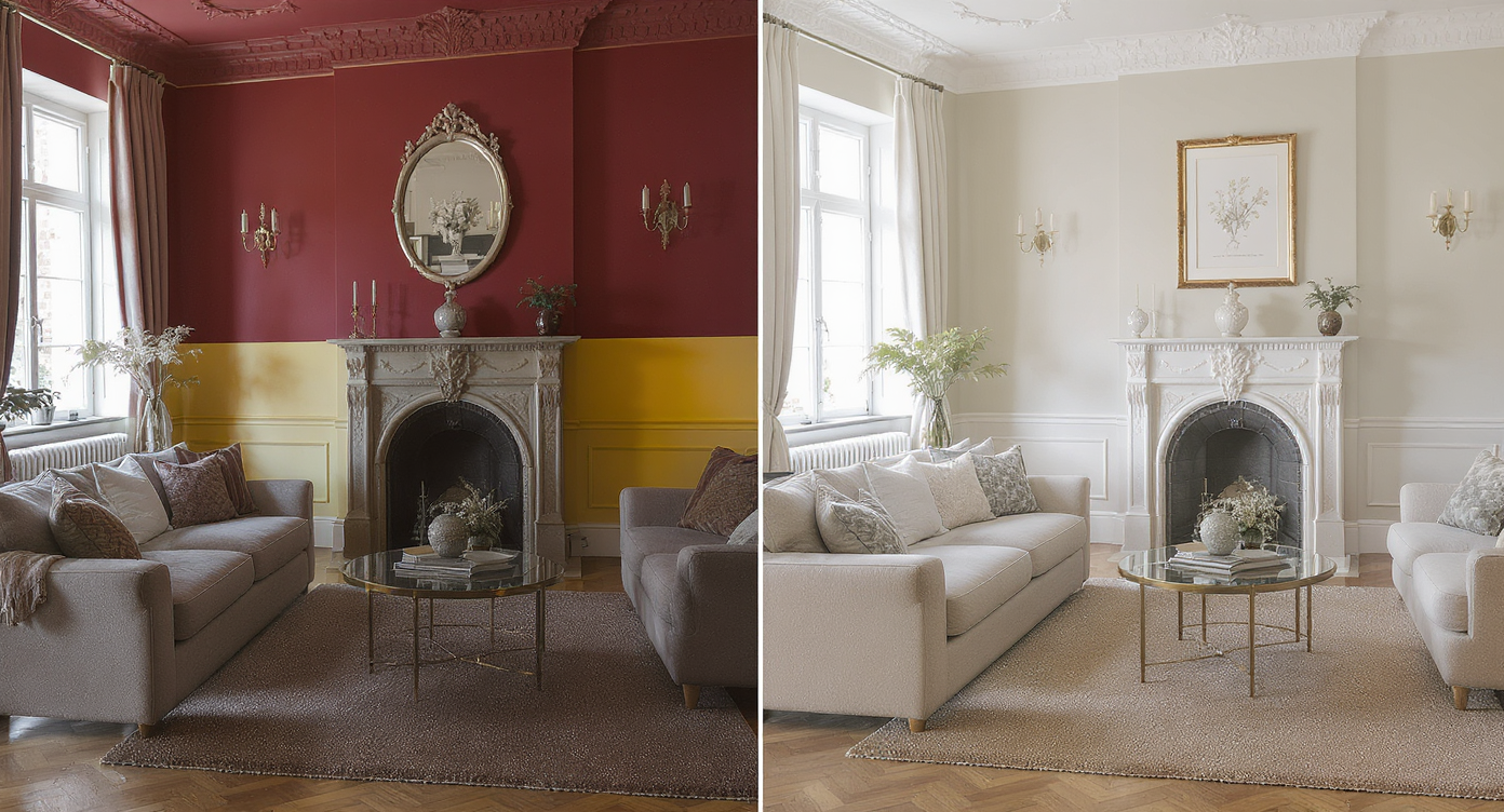 Living room with over-edited unrealistic wall colors next to corrected subtle, architecturally fitting colors and textures, natural light.