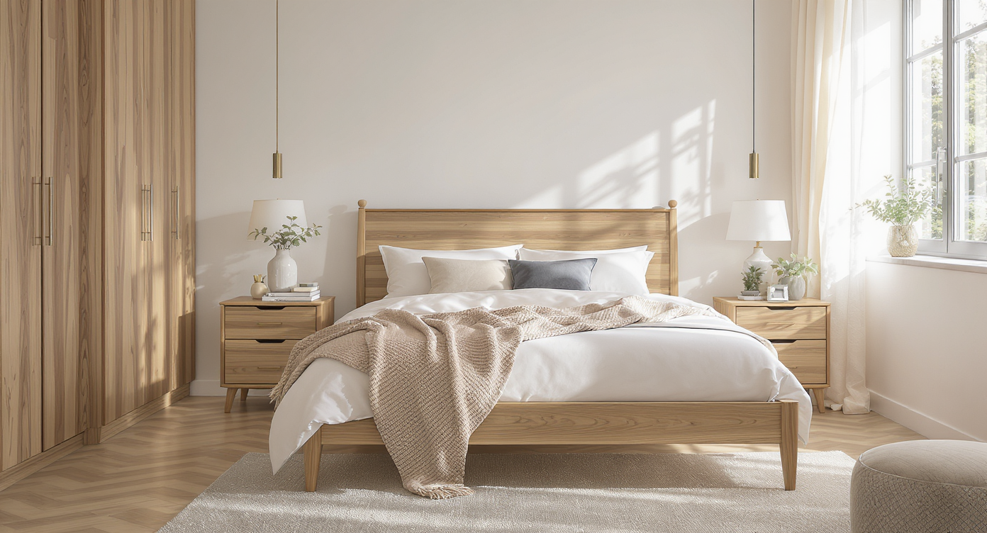 Well-lit bedroom with harmonious mid-tone and white wood furniture, realistic shadows, and a design palette on a side table.