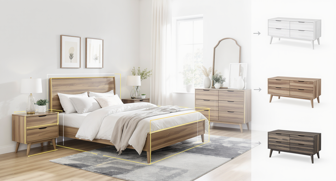 Modern bedroom with mid-tone furniture, digital bounding boxes on key pieces, and floating alternative 3D models in different wood tones.