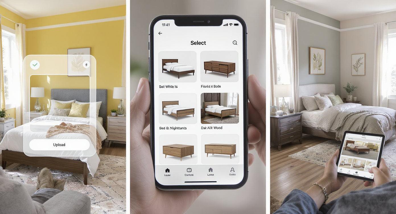 Montage of a well-lit bedroom showing photo upload, furniture selection, and realistic swaps with a homeowner using a tablet.