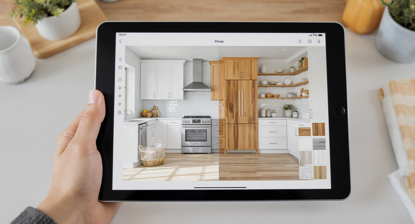 Tablet screen showing a kitchen photo with multiple finish options edited digitally, in a cozy kitchen background.