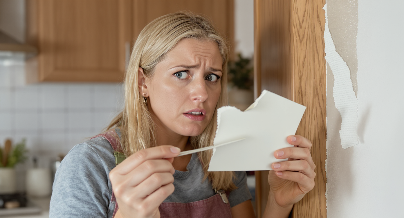 Worried homeowner examines mismatched paint sample and uneven cabinet finishes in an unfinished kitchen under daylight.