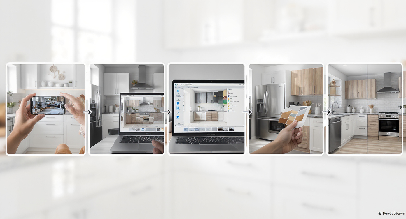Five-step visual sequence showing photographing, uploading, selecting surfaces, picking finishes, and viewing results in a kitchen setting.