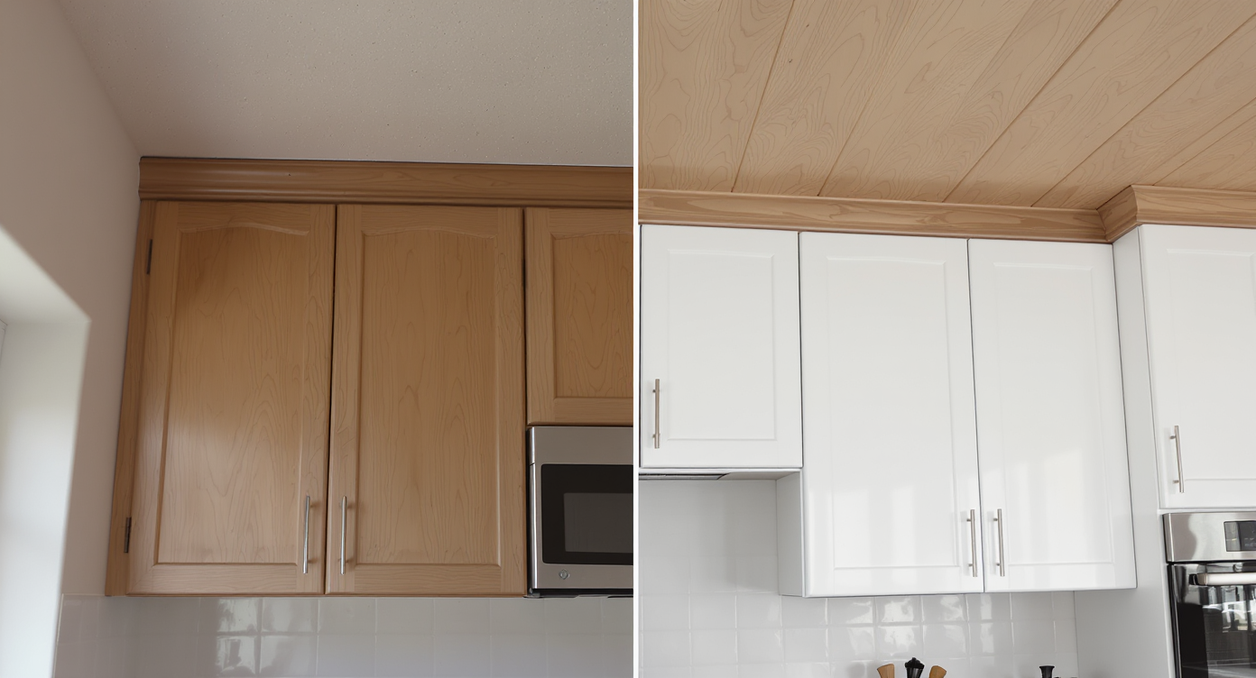 Split image of kitchen showing original wood cabinets and ceiling versus digitally recolored white cabinets and light wood ceiling.