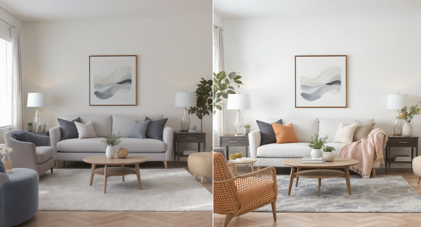 Side-by-side digital photo comparison showing original living room and AI-swapped furniture with natural lighting.