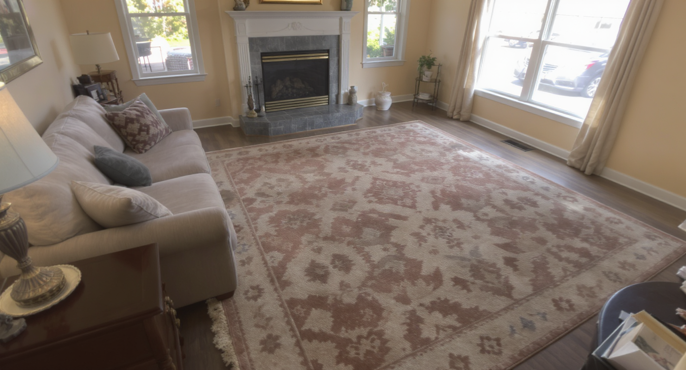 Wide-angle photo of a living room showing distorted furniture sizes and skewed spatial proportions.
